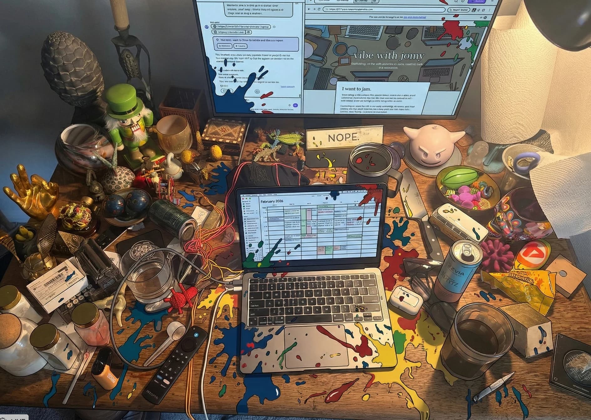 Jonny’s actual desk: paint-splattered computers, odd little objects, a gold hand, and a small pink companion